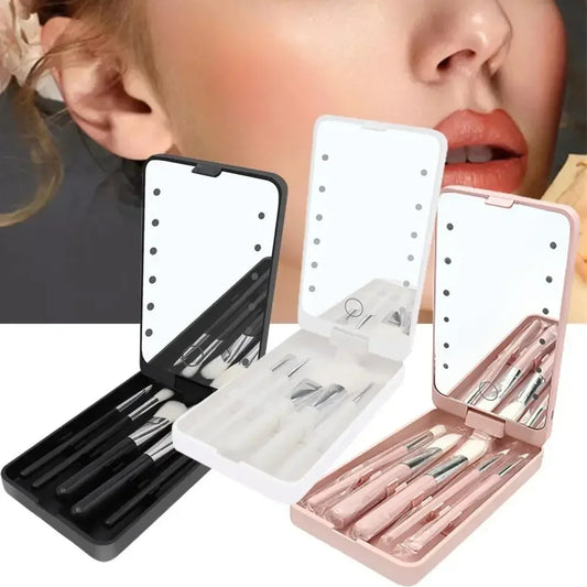 Lighted Rotatable Makeup Mirror with 5 Essential Makeup Brushes Portable Beauty Accessory for Travel