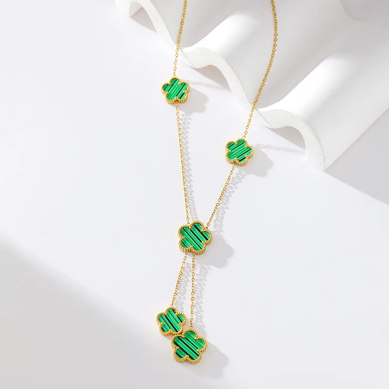 GANEMLY 316L Stainless Steel Green Clover Set Earrings Necklace Bracelet Holiday Gifts Women Double Sided Flower Fashion Jewelry