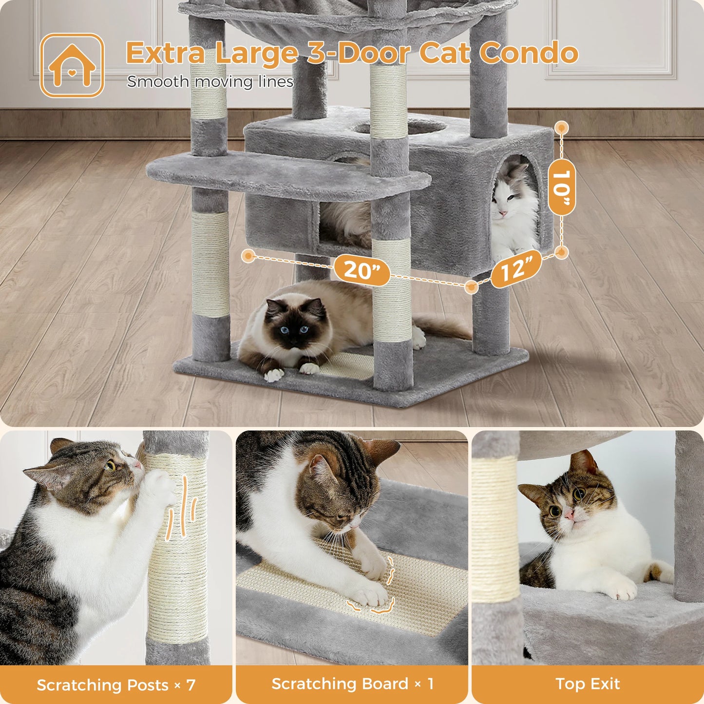 184cm Large Cat Tree and Tower for Indoor Cats With Scratching Posts and Spacious Hammocks