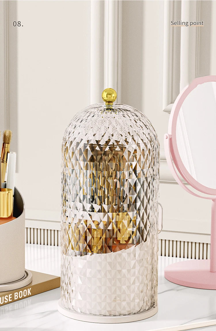 Makeup Brush Holder with Lid Diamond Birdcage 360 Rotating Organizer