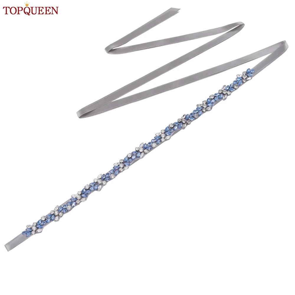 TOPQUEEN Long Thin Light Blue Rhinestone Belt Handmade Bridal Accessories Women's Versatile Dress Wedding Belt Tie Ribbon S437