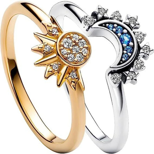 2pc Set Summer Couple Ring Set Sky Blue Moon Sun Jewelry