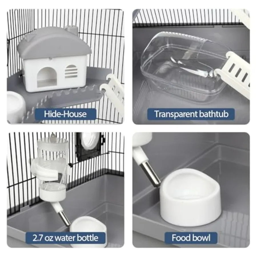 Multilevel hamster cage starter kit with spacious platforms exercise wheel hidehouse water bottle bathtub ladders and food bowl