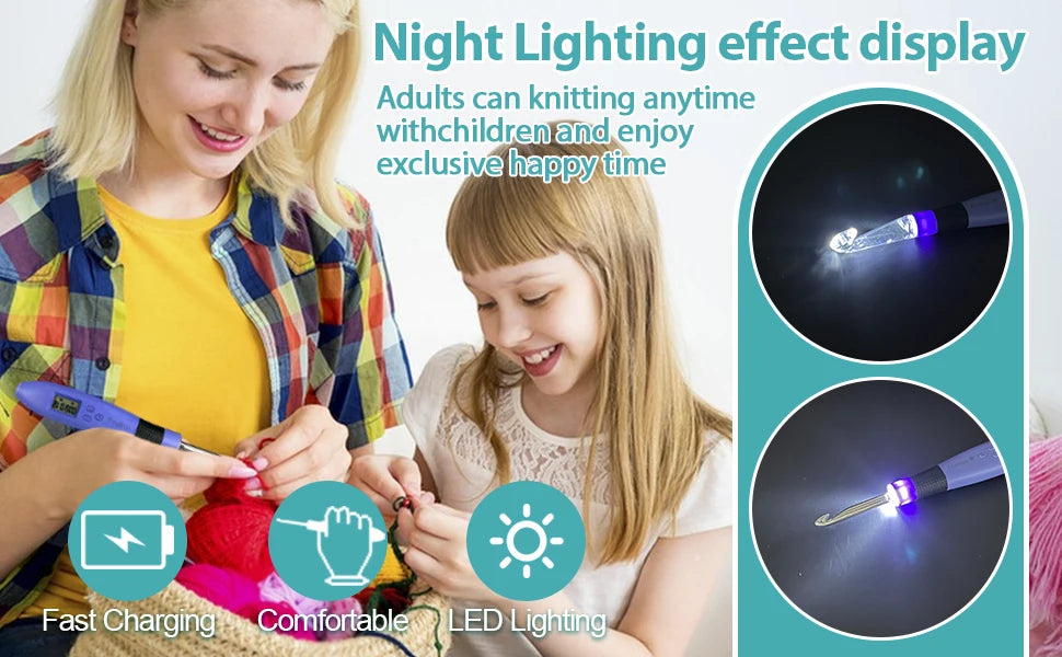 22PCS Lighted Crochet Hook Set with Counter Ergonomic Interchangeable Metal Heads for Comfortable Crocheting
