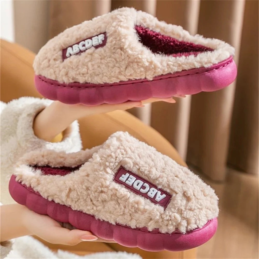 Women Winter Warm Home Slippers Thicken Indoor Boy Girl Floor Slides Plush High Heels Fur Cotton Shoes Ladies Couples Slipper