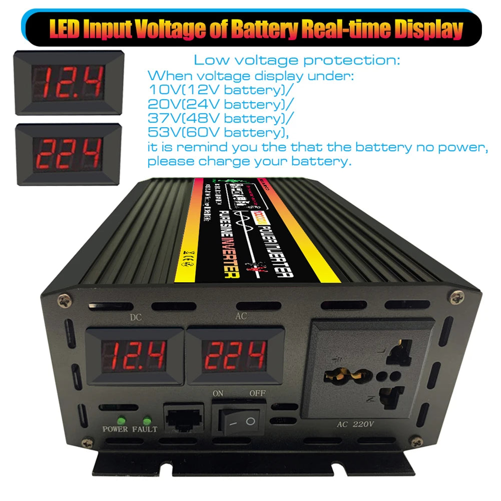 10000W/12000W Car Inverter LCD Display Pure Sine Wave Inverter DC 12V to AC 220V