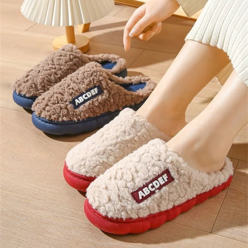 Women Winter Warm Home Slippers Thicken Indoor Boy Girl Floor Slides Plush High Heels Fur Cotton Shoes Ladies Couples Slipper