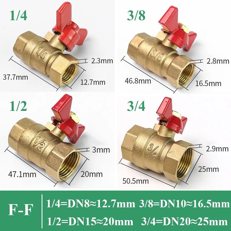 Válvula de bola de cierre de latón de dos vías con rosca hembra a hembra de 1/4", 3/8", 1/2" y 3/4" con manija de mariposa para combustible, gas, agua, aceite y aire