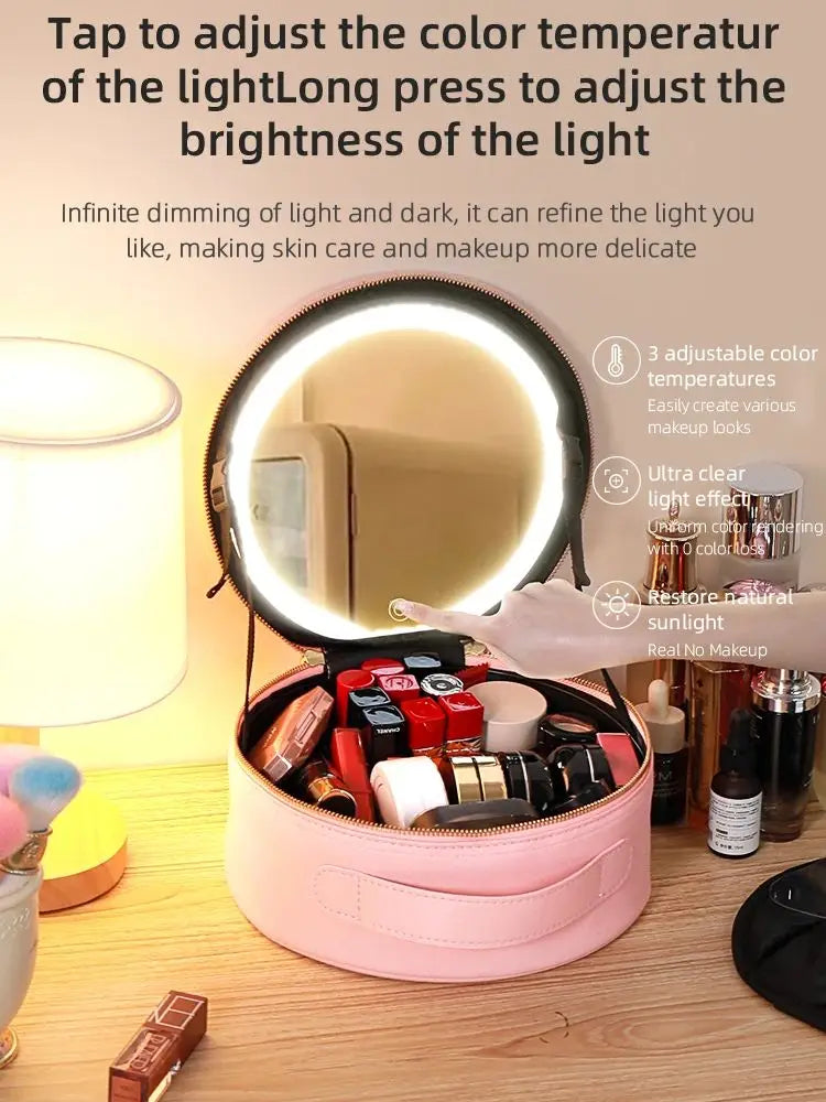 Travel PU Makeup Bag with LED Mirror and Light Portable Cosmetic Organizer for On-the-Go Beauty