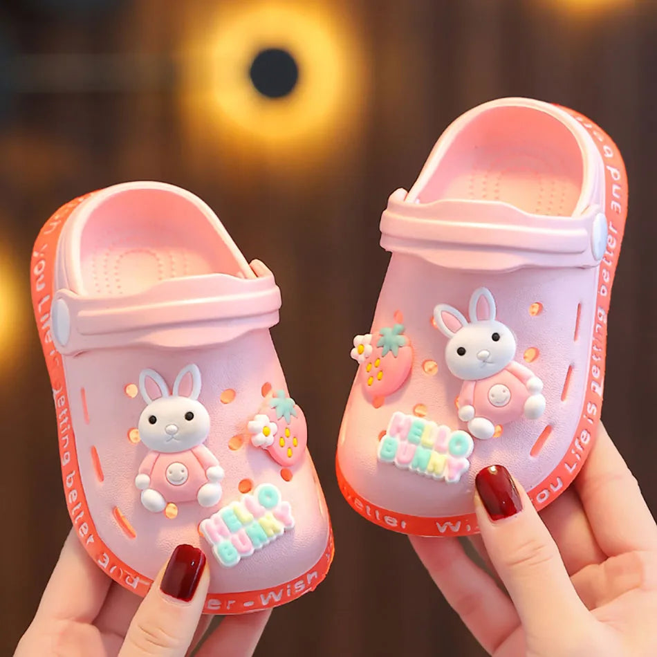 Breathable Cute Kids Summer Slipper Soft Sole Non-Slip Indoor Beach Sandals with Cartoon Bunny Dogs Holes for Boy Girl Children