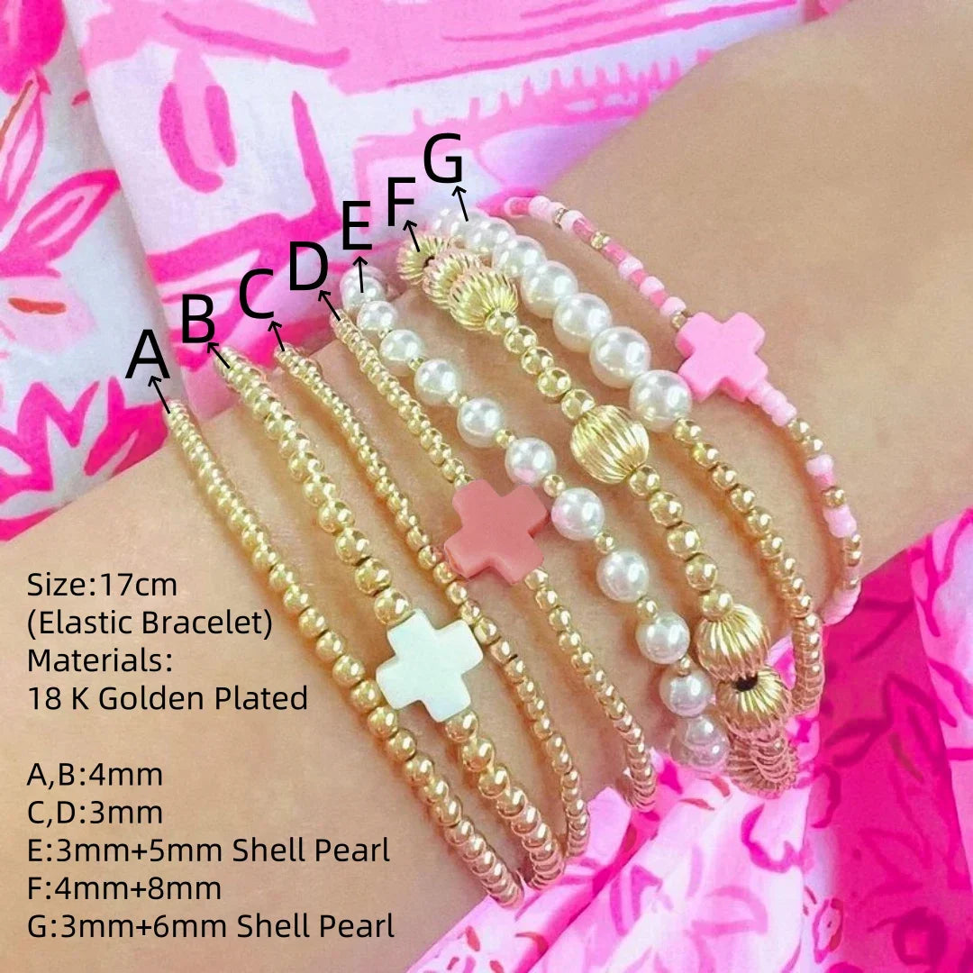 Vlen Cross Bracelet Stackable Gold Plated 18 K Bracelets for Women Waterproof Beaded Pulseras Natural Shell Pearl Jewelry