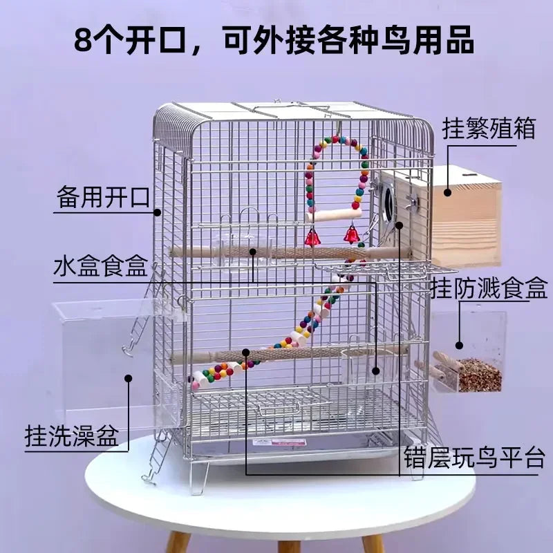 Horizontal silk parrot cage Bird cage Stainless steel bathing Peony Xuanfeng special cage Luxury villa breeding box Household ca