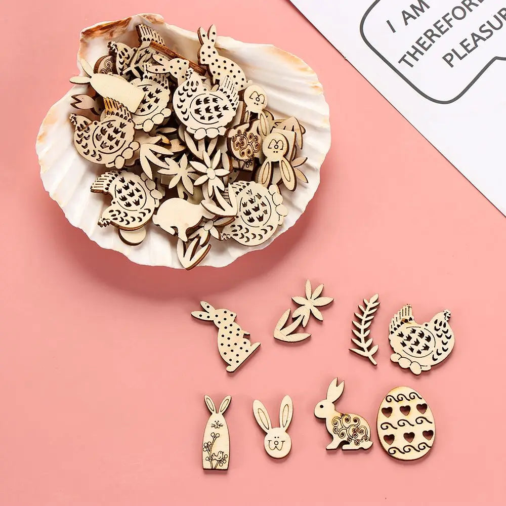 50pcs Happy Easter Rabbit Eggs Wooden Craft Ornaments