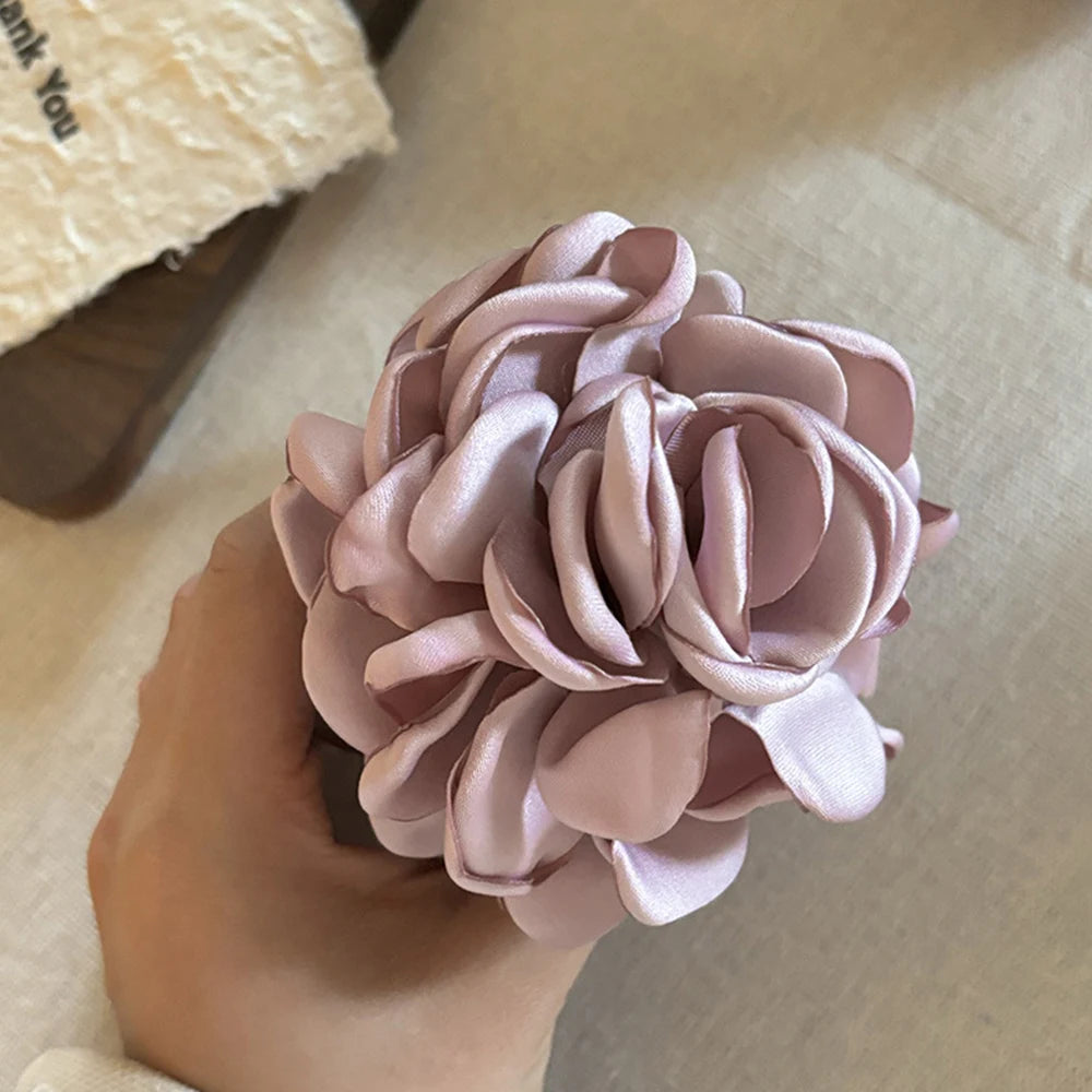 Fashion Satin Rose Flower Large Hair Claw Clip for Women 2024 Spring Summer Trendy Design Korean Colored Hairpin Headdress