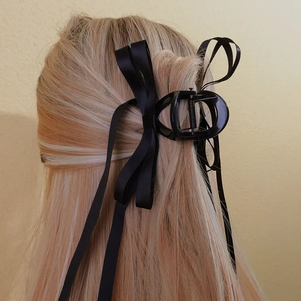 Vintage Long Satin Hairpins Big Velvet Bow Fashion Elegant Women Black Bowknot Hair Claw Hair Clips Korean Hair Accessories