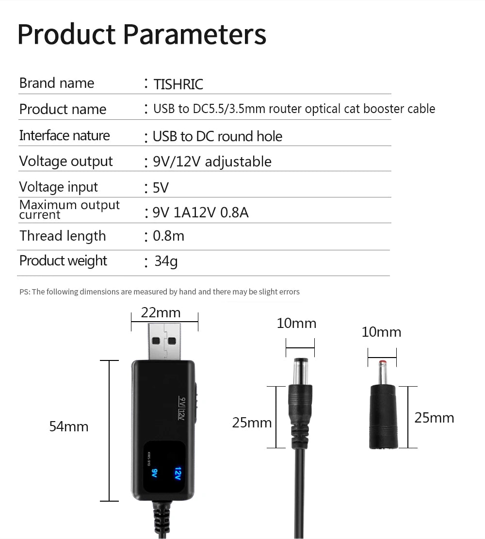 TISHRIC USB To DC 5.5/3. 5mm Plug 5V 9V 12V USB Power Boost Line USB DC Power Cable Adapter For Route WIFI Wire USB Connector