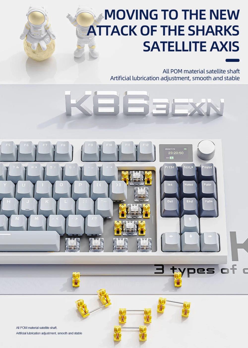 Teclado mecánico inalámbrico intercambiable en caliente K86 con Bluetooth/2,4 g, pantalla y botón giratorio de volumen para juegos y trabajo