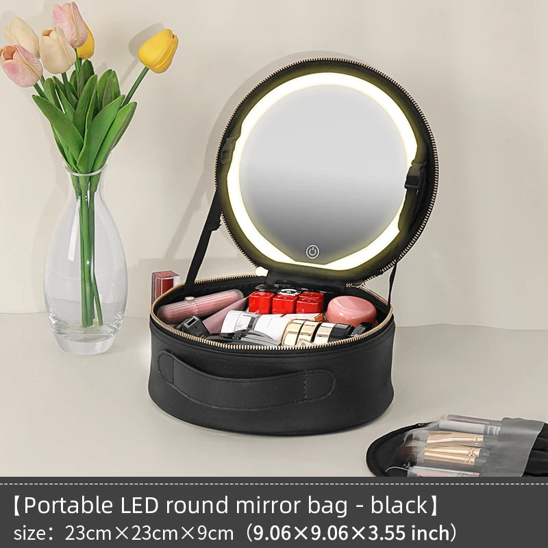 Travel PU Makeup Bag with LED Mirror and Light Portable Cosmetic Organizer for On-the-Go Beauty