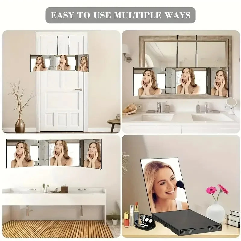 Tri-Fold Wall Mounted Makeup Mirror with Magnification - Portable Styling Mirror for Travel, Bedroom and Bathroom Use
