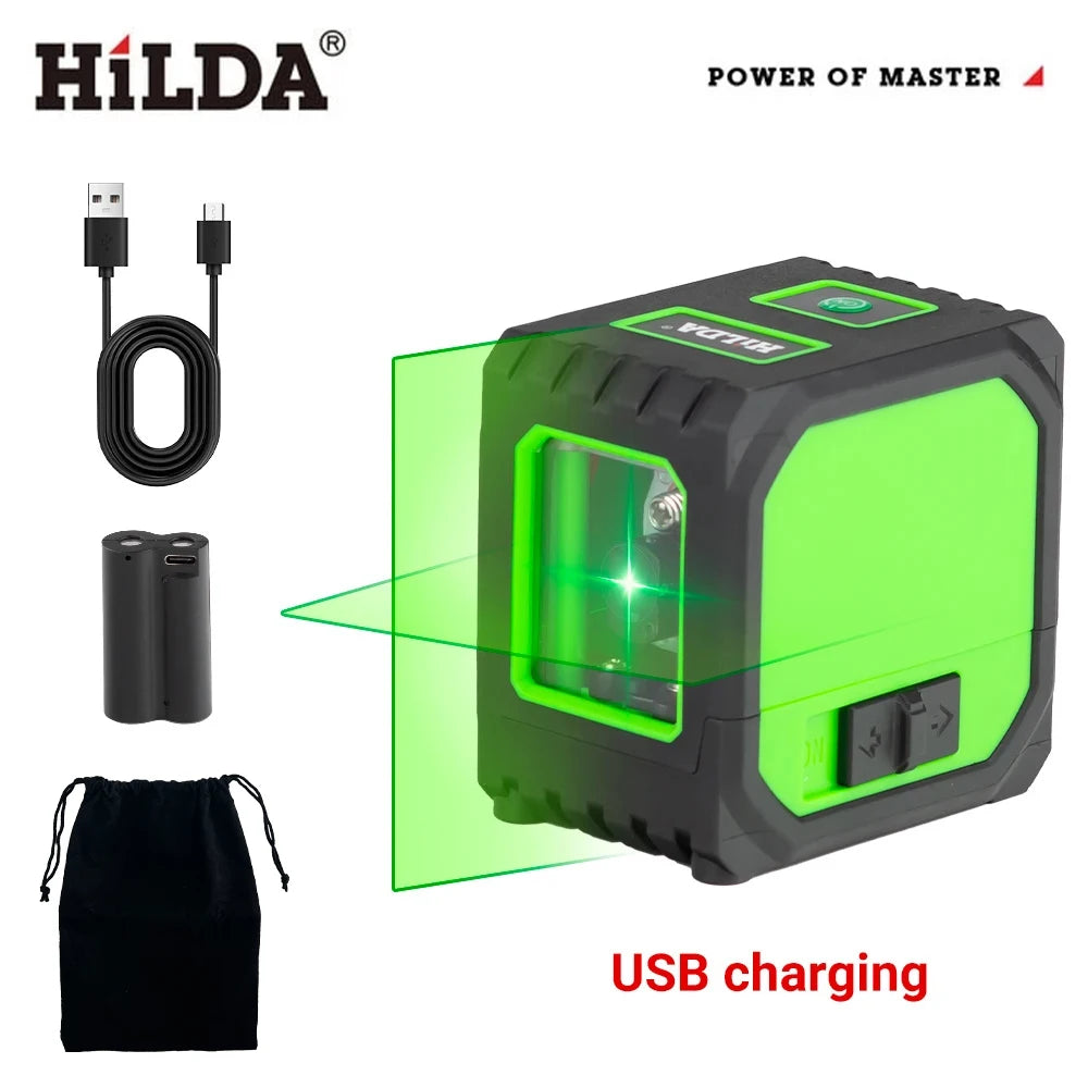 HILDA 2 Lines Mini Laser Level Self Levelling Green Beams Laser Horizontal & Vertical Cross-Line USB Charging