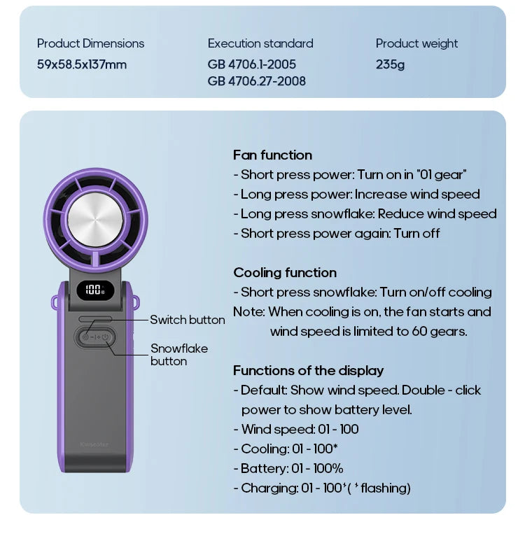 Foldable Handheld Turbo Fan – 3600mAh Rechargeable, 100-Speed Cooling for Outdoor Use