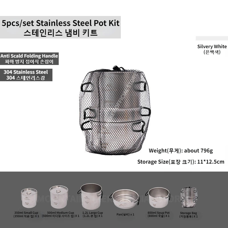 MountainHiker 5 Piece Camping Cookware Set 304 Stainless Steel Portable Outdoor Cooking Kit for Hiking BBQ and Picnic