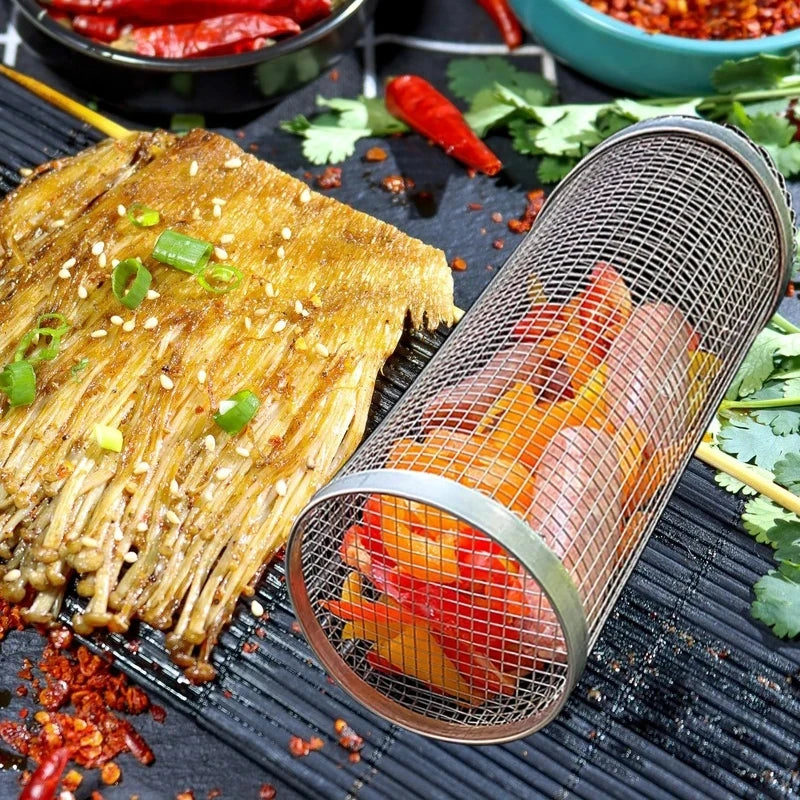 Rolling BBQ Basket – Stainless Steel Grilling Mesh Rack for Vegetables, Fish & Meat, Ideal for Camping BBQs