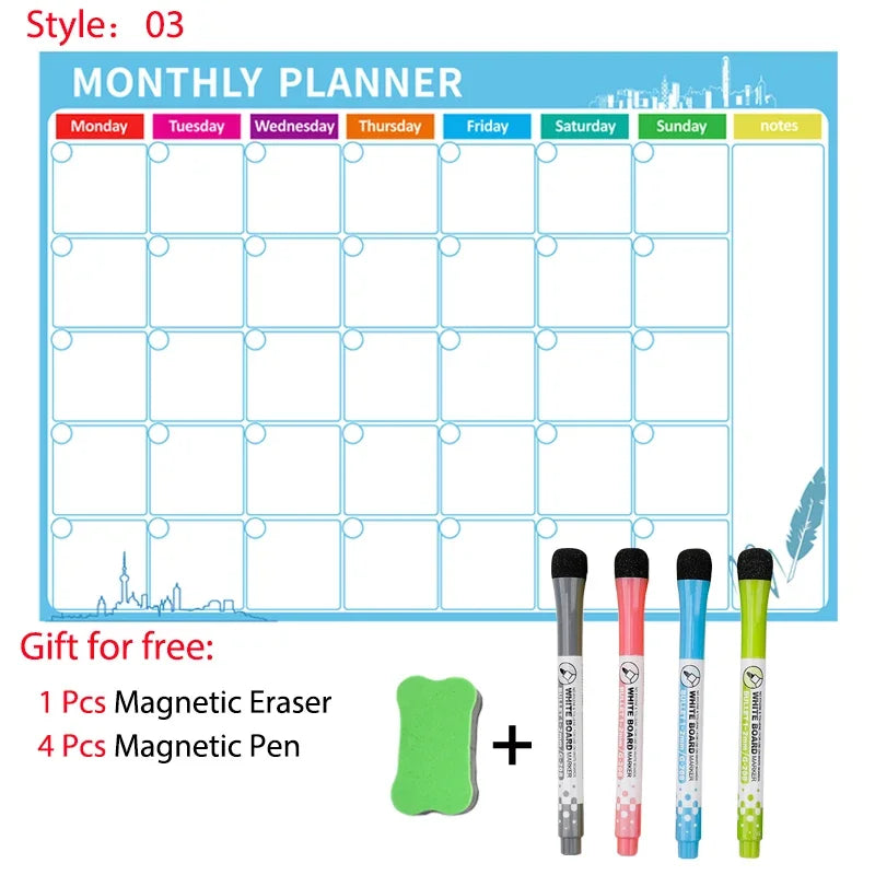 Magnetic Dry Erase Whiteboard Calendar Planner for Refrigerator with Markers and Eraser - Daily Weekly Monthly Organizer