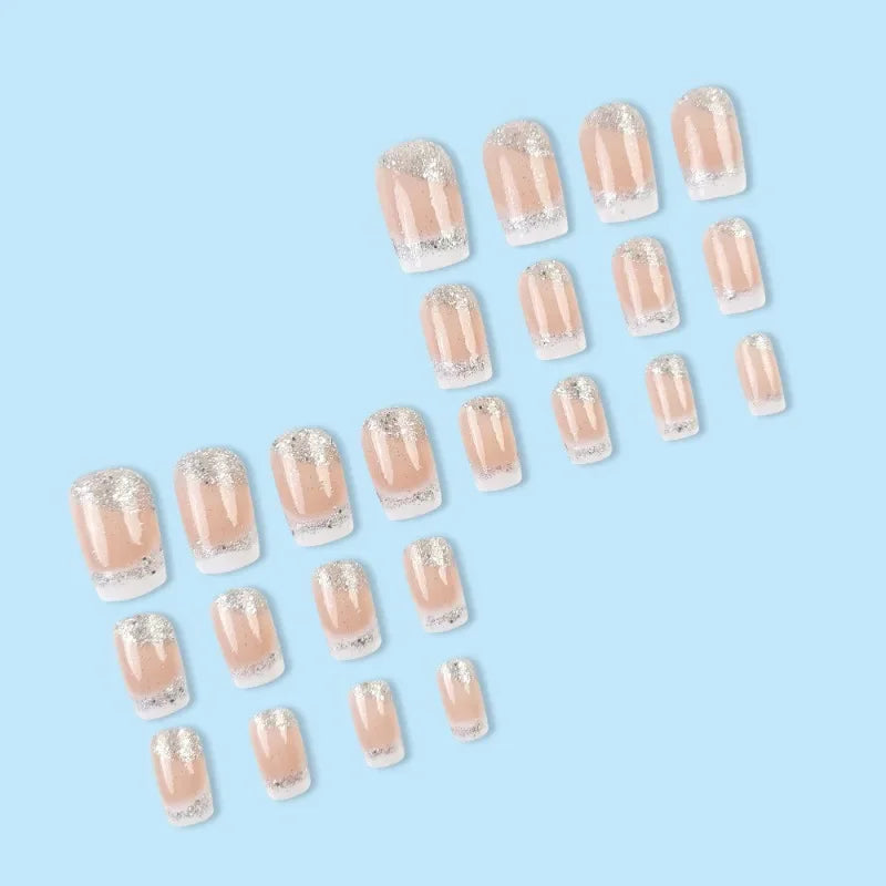 24 Pcs Fake Nails with Design False Nails Finger Wear Nail White French Glitter Square Medium Short Press on Nails for Gluing