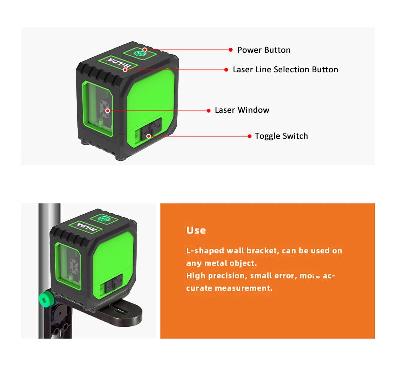 HILDA 2 Lines Mini Laser Level Self Levelling Green Beams Laser Horizontal & Vertical Cross-Line USB Charging