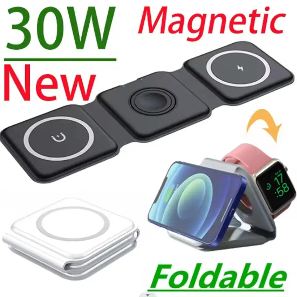 3 in 1 Wireless Magnetic Charger Fast Charging Dock Station Portable Foldable Stand Trip Charger For iPhone Apple Watch AirPods