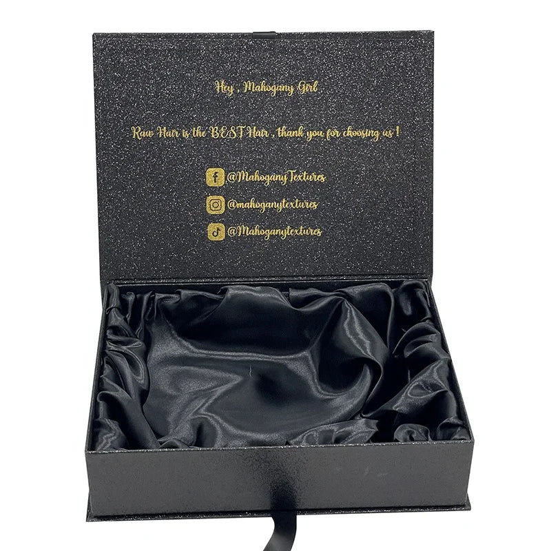 500pcs Luxury Black Wigs Box with Satin Insert Custom Human Hair Accessories Packaging Magnetic Lid  Beauty Box with Ribbon wj75