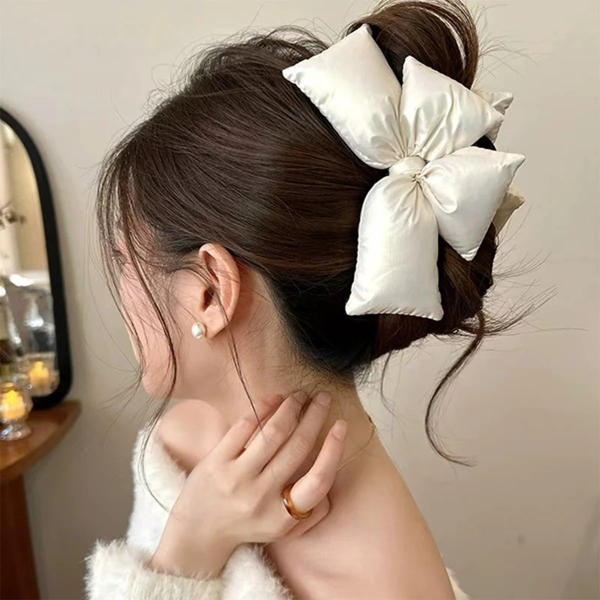 1 Pcs Black Leather Cotton Stuffing Bow Claw Clip,Large Jaw Clips for Thick Hair,No-slip Fashion Winter Hair Accessory for Girls