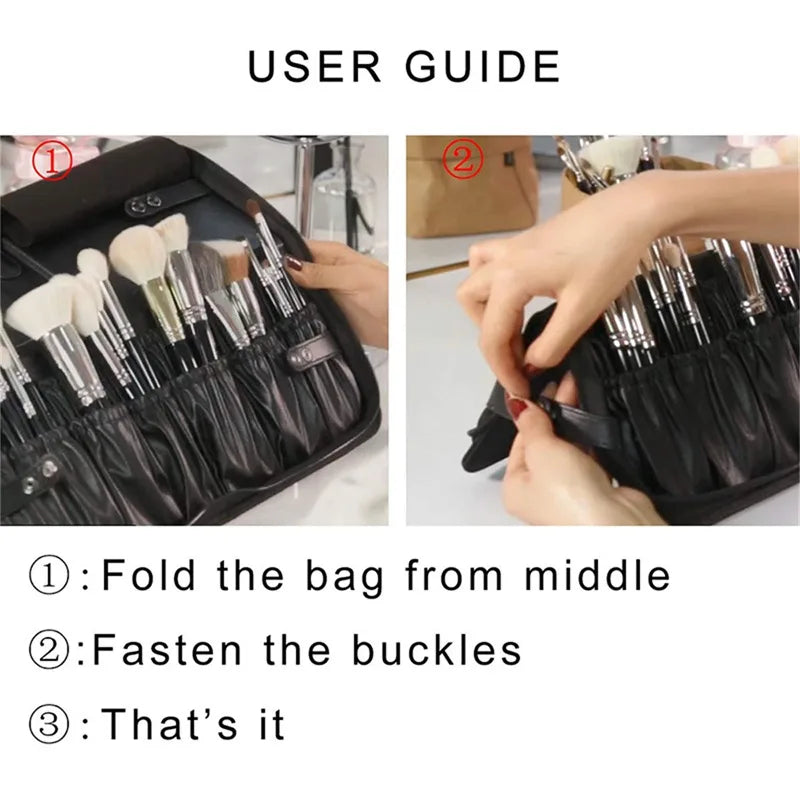 Women Foldable Makeup Brush Organizer Travel Cosmetic Pouch with High-Quality PU Material for Beauty Tools and Toiletries