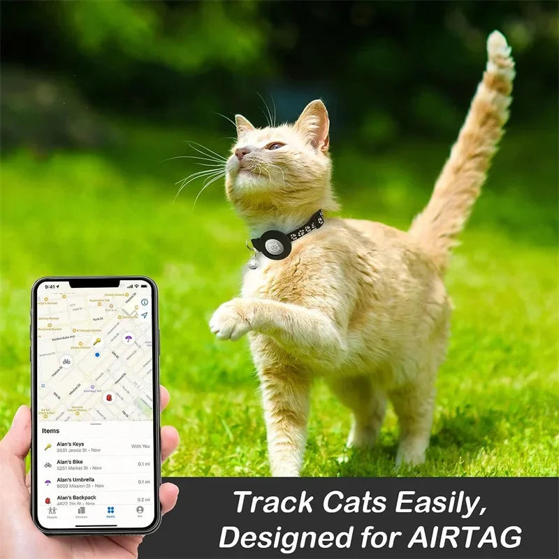 Cat Collar Compatible with Apple Airtag with Bell Adjustable Safety Buckle Reflective GPS Collar for Kittens Puppies 7-12In
