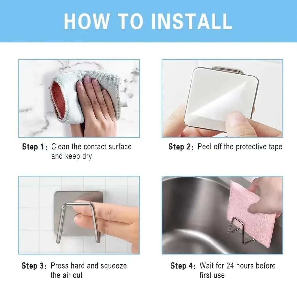 1-2Pcs Kitchen Sink Sponge Rack Drain Storage Holder Self Adhesive Stainless Steel Organizer Hooks