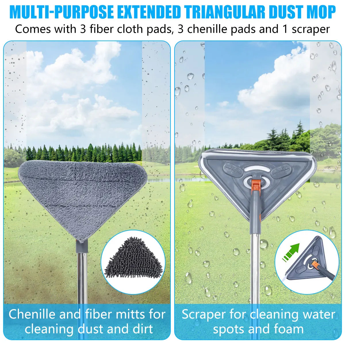 360 Degree Rotating Triangle Microfiber Wall Mop with Long Handle Adjustable Dry and Wet Cleaning Mop for Efficient Floor Dusting