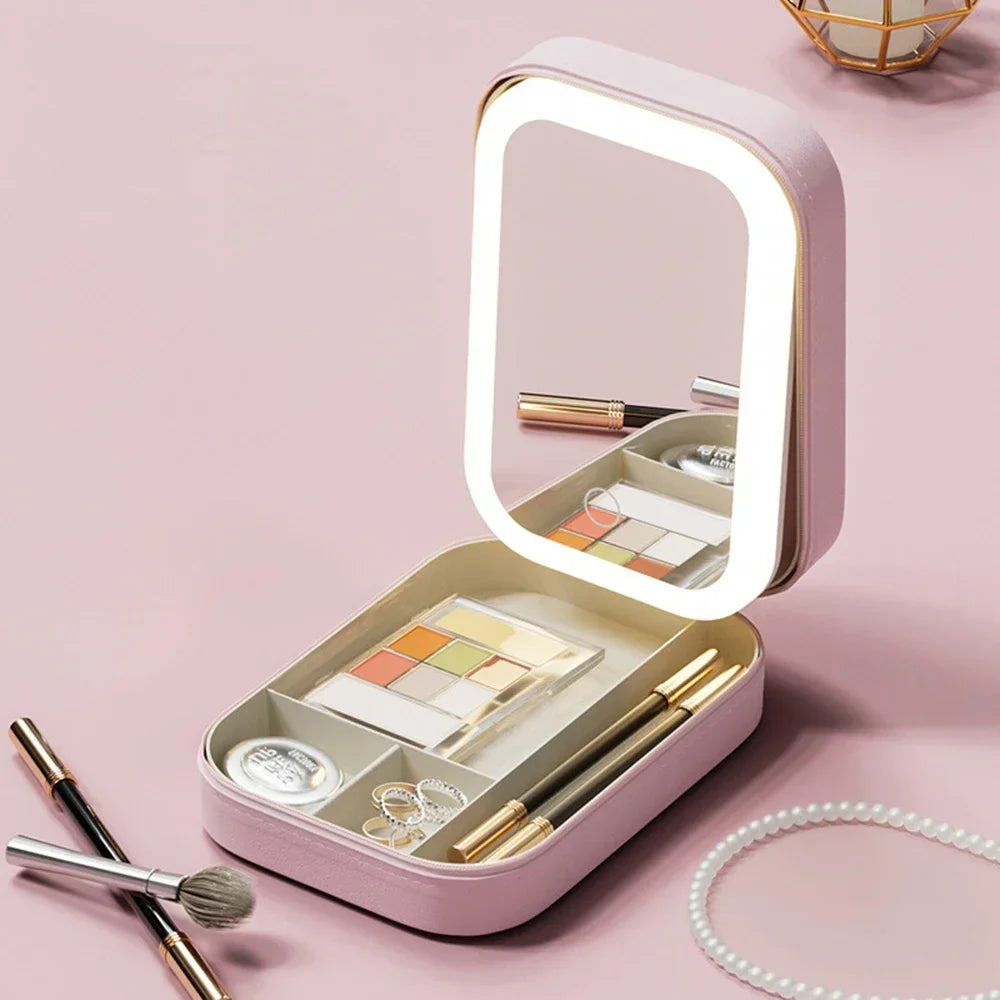 LED Makeup Storage Box with Mirror Portable Travel Case Large Capacity Organizer for Cosmetic Accessories