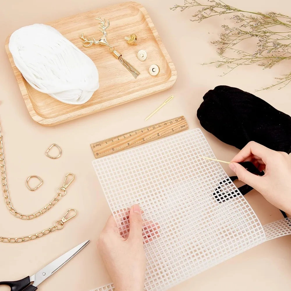 DIY Knitting Crochet Bag Kit with Mesh Plastic Canvas Sheets and Ribbons for Crafting Stylish Shoulder Bags