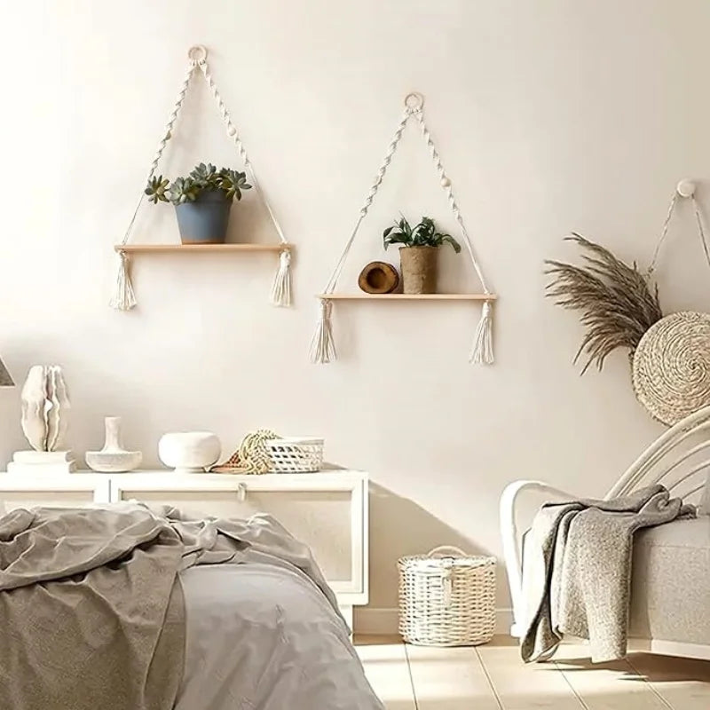 Wooden Wall Shelves Boho Floating Macrame Hangers Rustic Decor