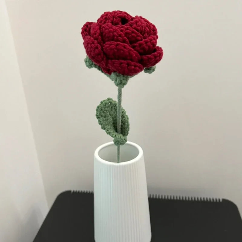 1PC Romantic Wine Red Knitted Rose Bunch for DIY Flower Crafts Home Decor