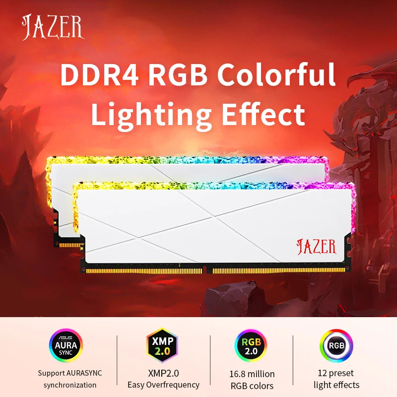 Memoria RAM DDR4 JAZER RGB de 8 GB y 16 GB, DDR4 de 8 GB x 2, 16 GB x 2, 3200 MHz y 3600 MHz, rendimiento de overclocking para computadoras de escritorio