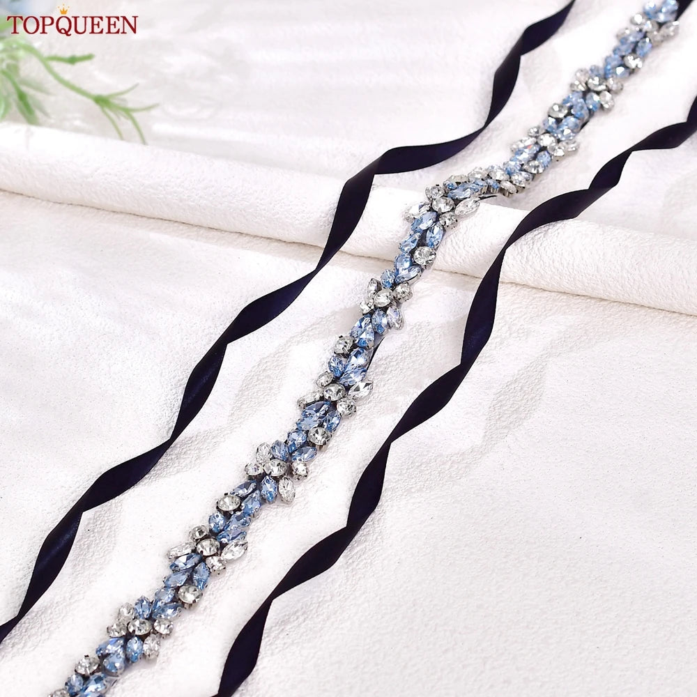 TOPQUEEN Long Thin Light Blue Rhinestone Belt Handmade Bridal Accessories Women's Versatile Dress Wedding Belt Tie Ribbon S437