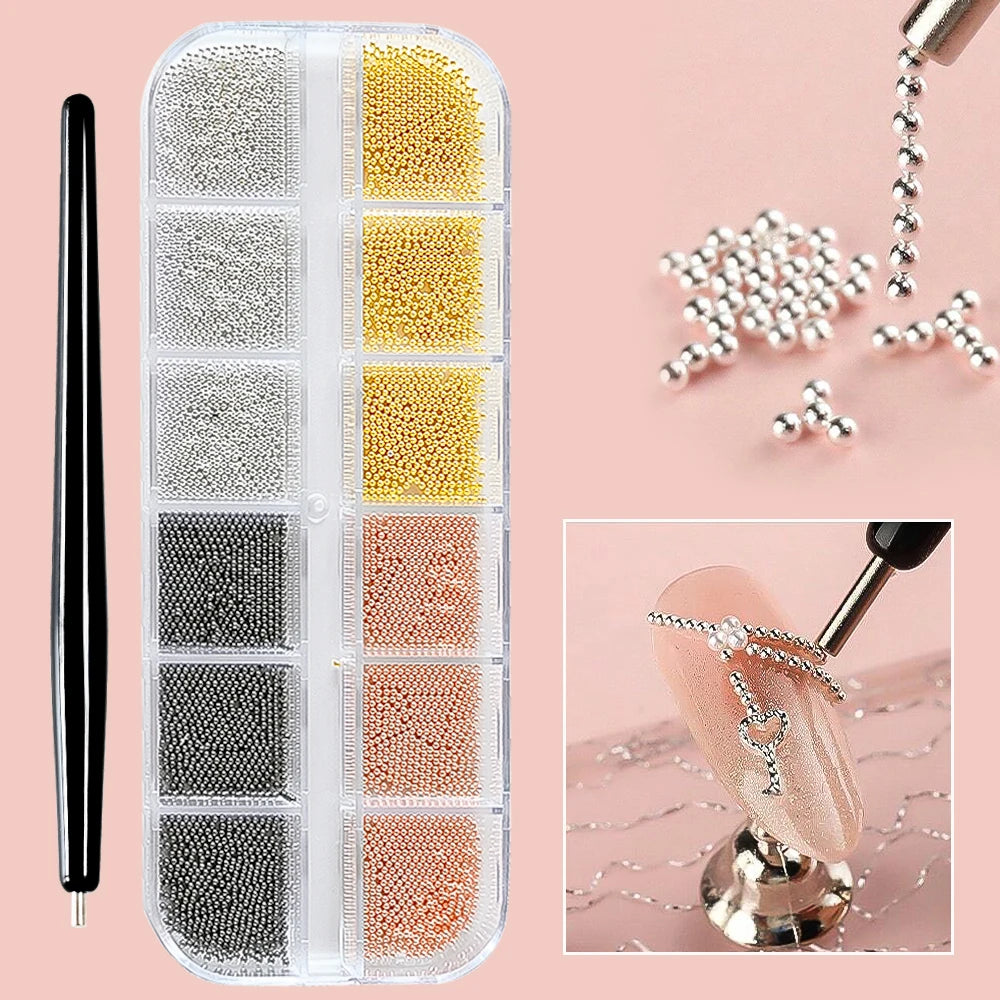 12 Grids Mini Caviar Beads Nail Art Charms 3D Metal Gold Silver Steel Ball (0.4mm-1.5mm) Nail Parts With Magnetic Pen Nail Decor