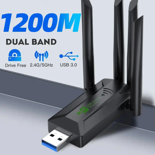 Adaptador WiFi USB de banda dual de 1200 Mbps, 2,4 GHz, 5 GHz, con 4 antenas, para PC, miniordenador, tarjeta de red de 600 Mbps