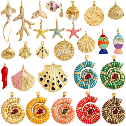Fish Monta Ray Sea Conch Shell Coral Charm Pendant Gold Plated Zircon Jewelry