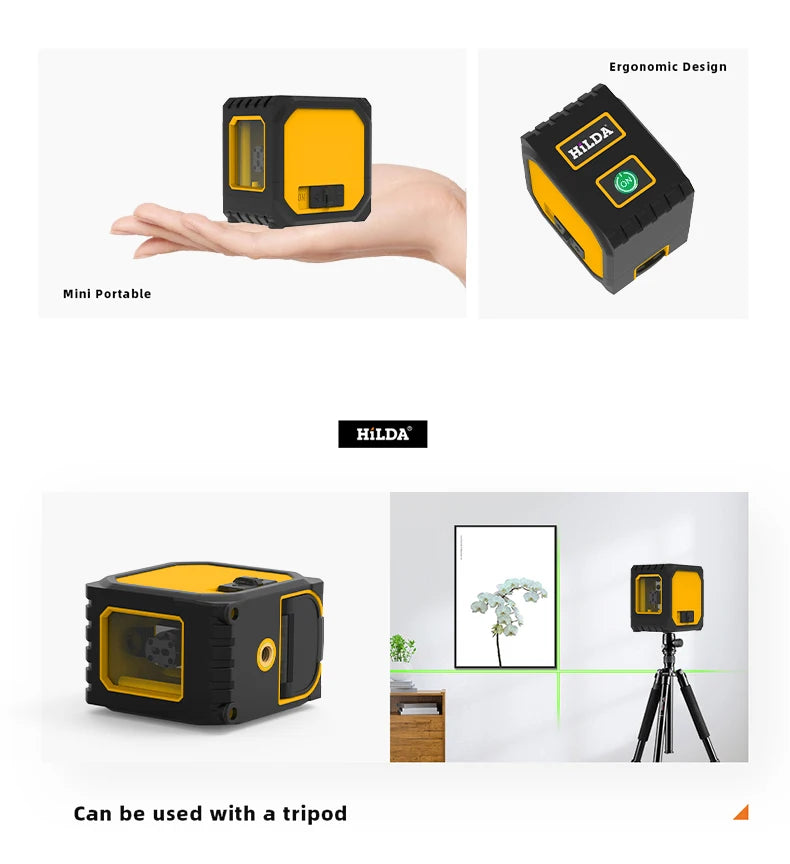 HILDA 2 Lines Mini Laser Level Self Levelling Green Beams Laser Horizontal & Vertical Cross-Line USB Charging