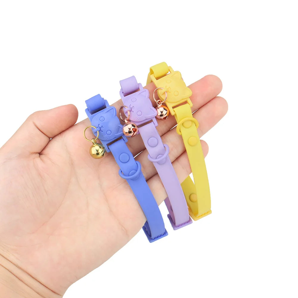 Pet Cat Collar Necklace With Small Bell PVC Waterproof Adjustable Kitten Collar Candy Color