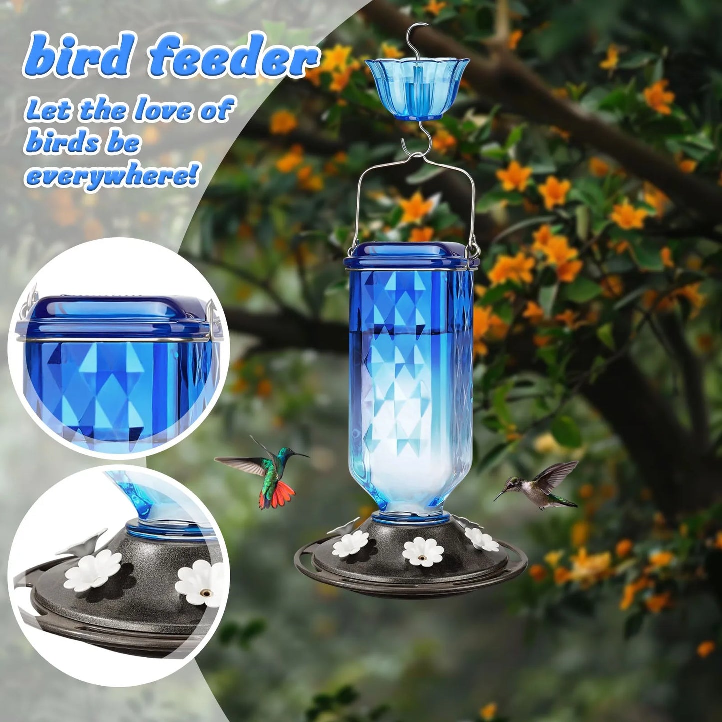 Glass Hummingbird Feeder with Ant Guard - 6 Flower Port Outdoor Bird Feeder for Garden Decoration, Easy Clean Nectar Dispenser