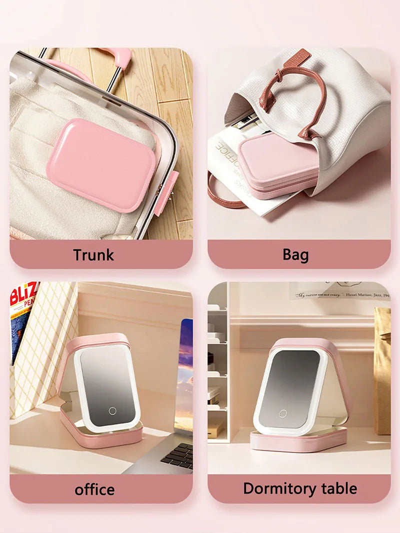 LED Makeup Bag With Mirror And Light Portable Cosmetic Storage For Women Small Lipstick And Brush Organizer